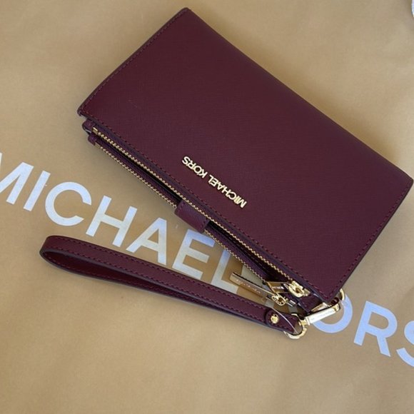 Michael Kors Jet Set Travel Large Double Zip Wristlet Wallet Dark Cherry Leather - Picture 7 of 16